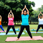 생활체육지도사와 지역 주민 건강 증진 - A diverse group of people participating in yoga in a park in India, fully clothed in modest exercise...