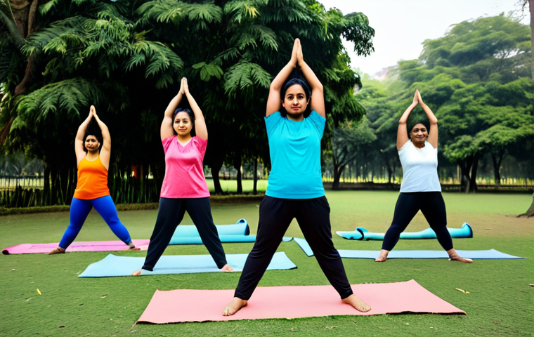 생활체육지도사와 지역 주민 건강 증진 - A diverse group of people participating in yoga in a park in India, fully clothed in modest exercise...