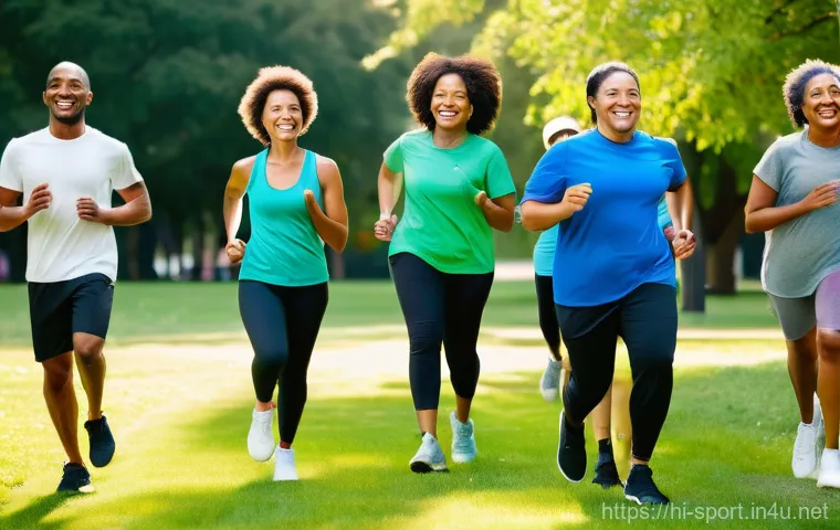 생활체육지도사와 커뮤니티 프로그램 - **Community Outdoor Fitness Celebration:**
    "A vibrant, wide-angle shot of a diverse group of adu...