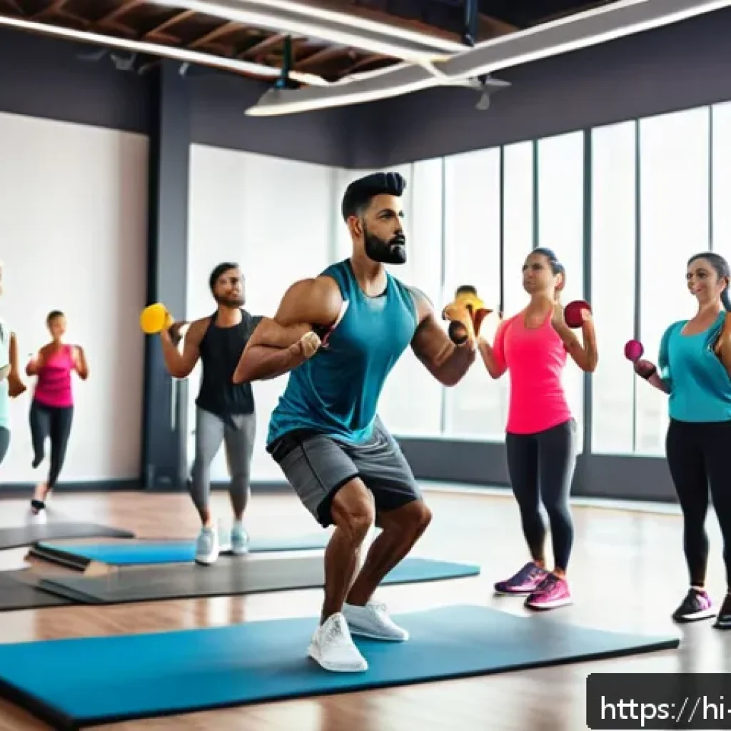 생활체육지도사 취업 성공 후기 - A professional Indian fitness trainer conducting a dynamic group HIIT workout session in a modern gy...
