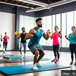생활체육지도사 취업 성공 후기 - A professional Indian fitness trainer conducting a dynamic group HIIT workout session in a modern gy...