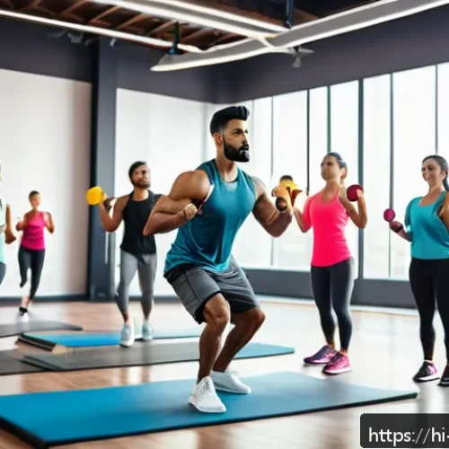 생활체육지도사 취업 성공 후기 - A professional Indian fitness trainer conducting a dynamic group HIIT workout session in a modern gy...