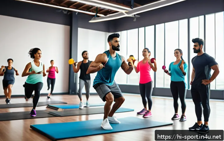 생활체육지도사 취업 성공 후기 - A professional Indian fitness trainer conducting a dynamic group HIIT workout session in a modern gy...
